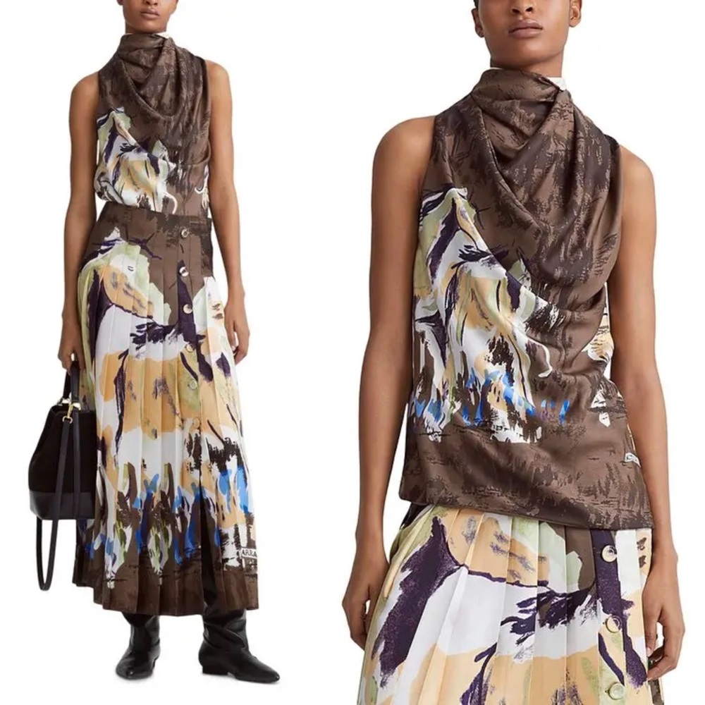 NWT Altuzarra Sleary Draped Silk Blouse in Chamois Silk Twill Print Size 44 / 12